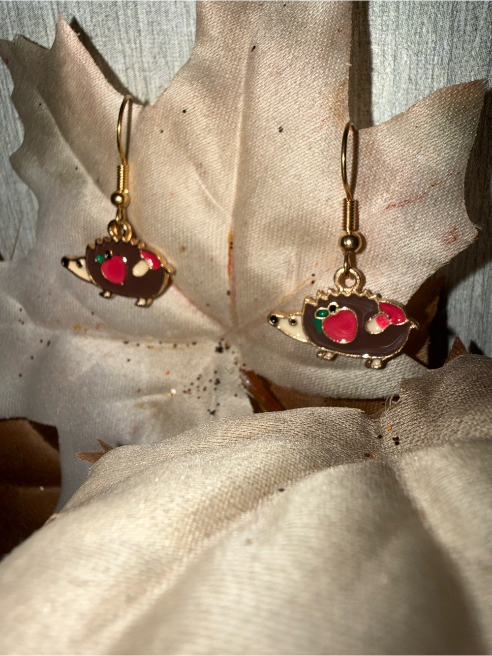 Gold-Tone Hedgehog Drop Earrings with Red and Green Accents